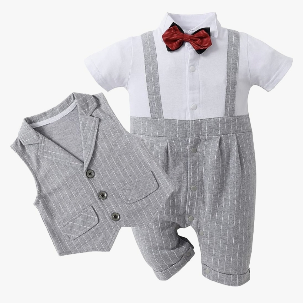 HOSUKKO Baby Boy Suit, One-Piece Romper & Vest & Beret & Bowtie (0-3 Months)